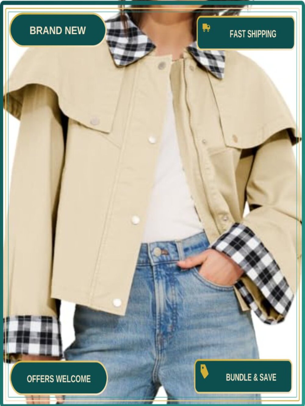 Cropped Trench Coat Lightweight Gingham Cape Jacket Women